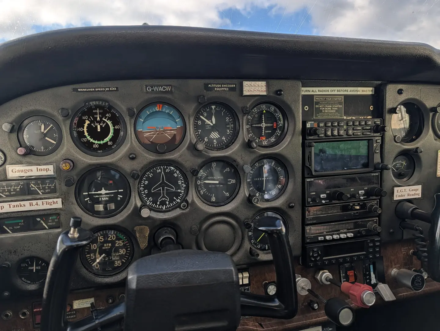 Instrument panel and control yoke of our Cessna 172, G-WACW
